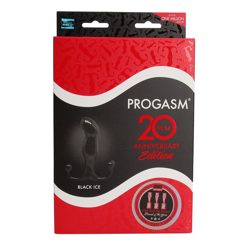 PROGASM 20th Anniversary Edition packaging with black ice product on a red and black background