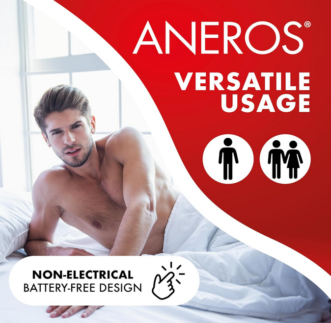 Advertisement for ANEROS with a man on a bed and product features highlighted.