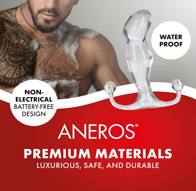 Advertisement for ANEROS product with a man and product image on a red and gray background
