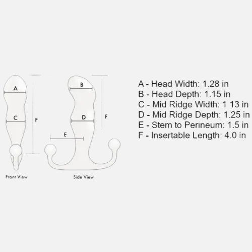 Measurement chart of a medical device with labeled dimensions on a grid background