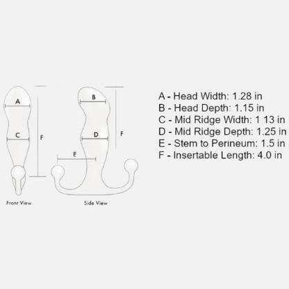 Measurement chart of a medical device with labeled dimensions on a grid background