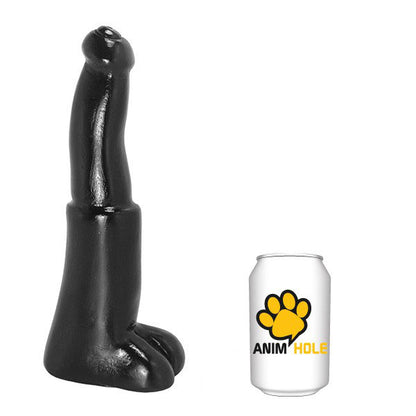 Black bull penis shaped product next to a can with 'Anim Hole' logo on a white background