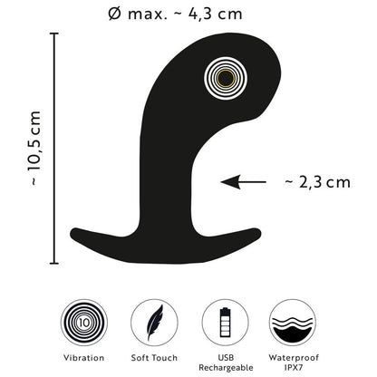 Black device with measurements and feature icons on a white background