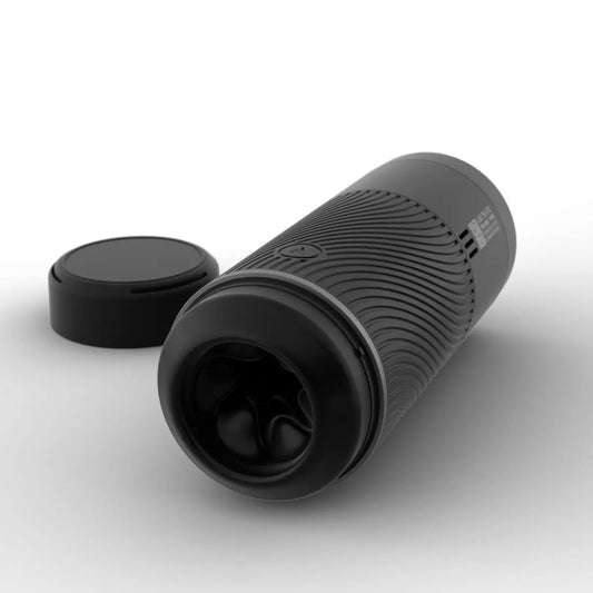 Black cylindrical male masturbator with textured surface on a white background