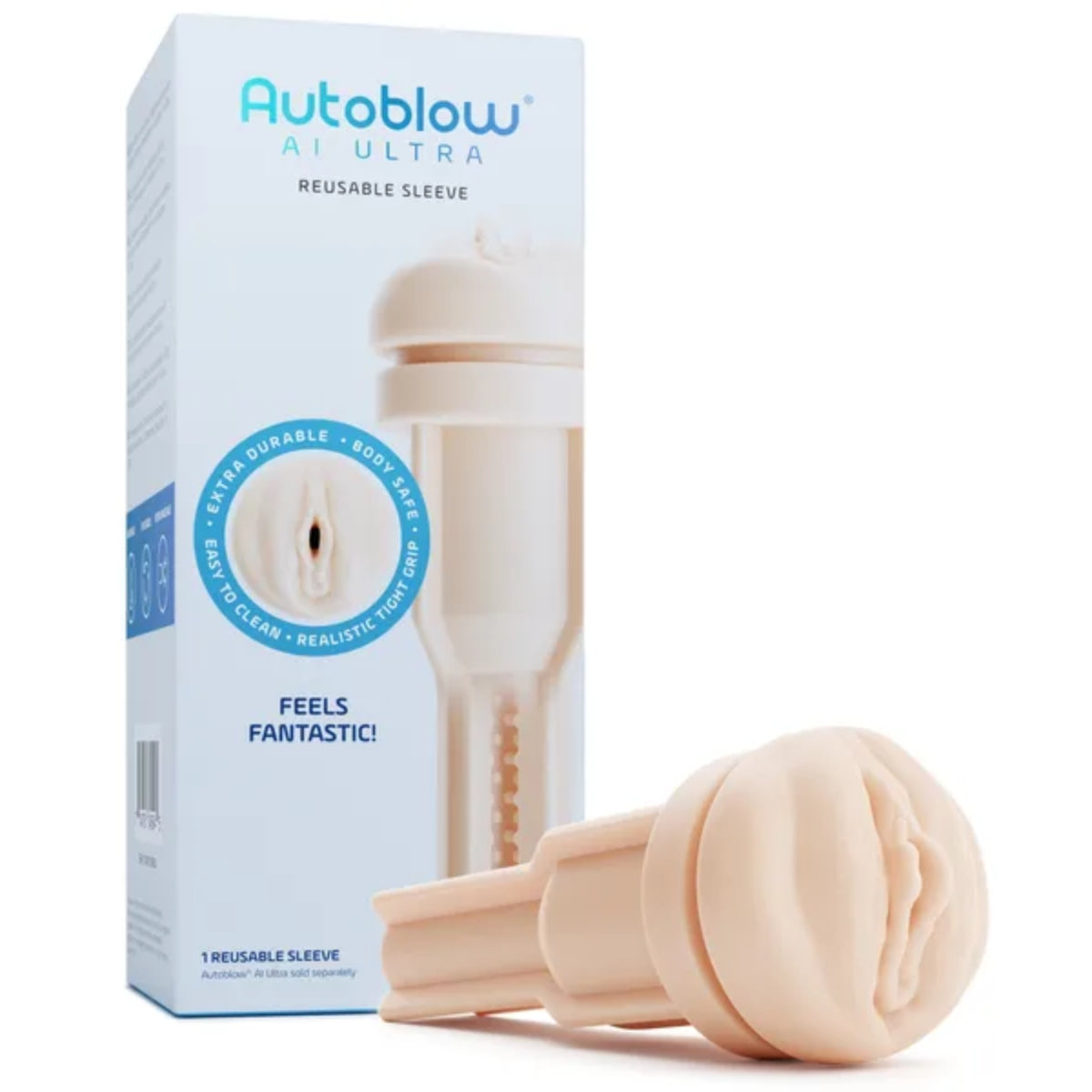 Autoblow AL Ultra reusable sleeve packaging with product on a white background