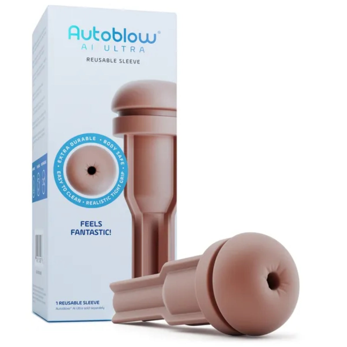 Autoblow AI Ultra reusable sleeve packaging with product on a white background