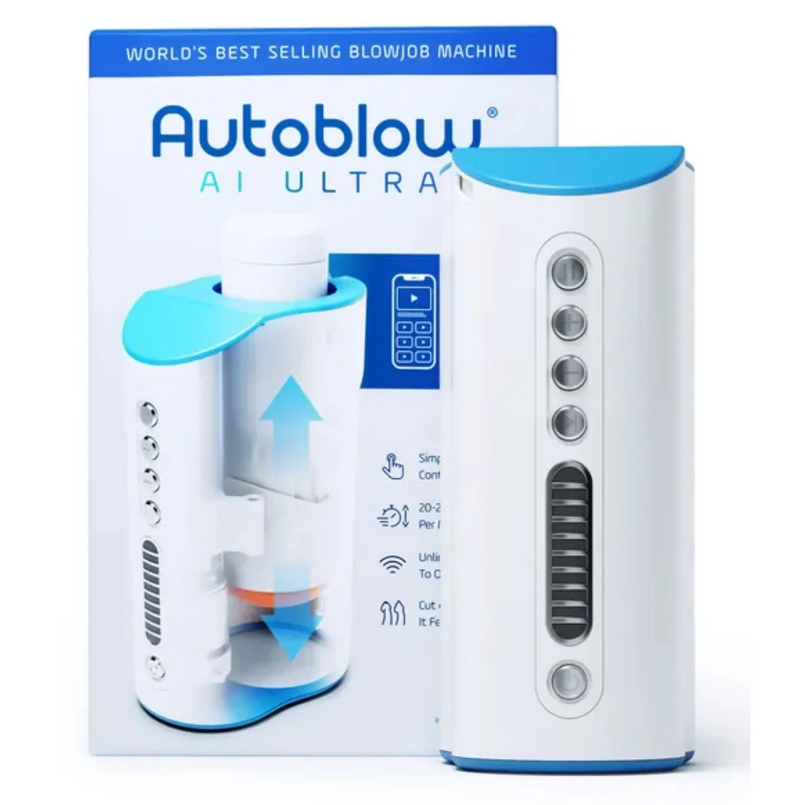 Autoblow AI Ultra blowjob masturbator with packaging on a white background
