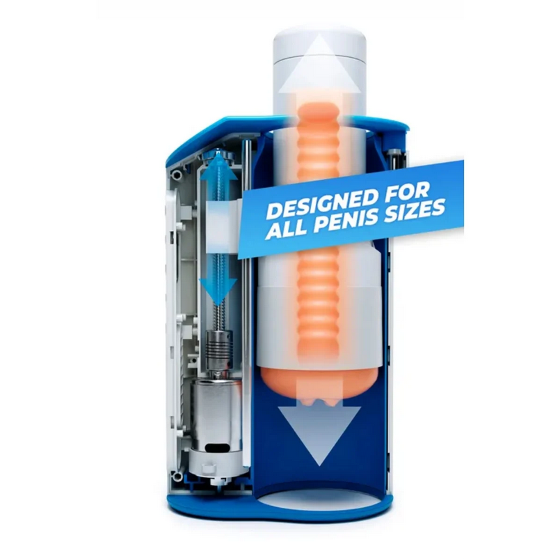 Detailed view of a mechanical device with text 'Designed for all penis sizes' on a white background