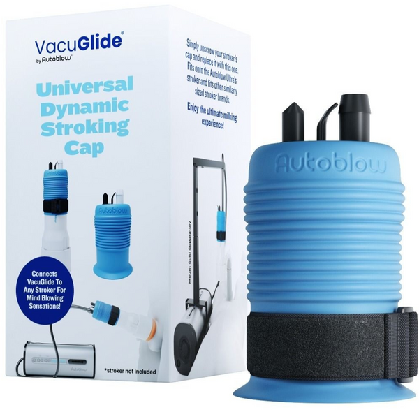 Blue 'VacuGlide' device with packaging on a white background