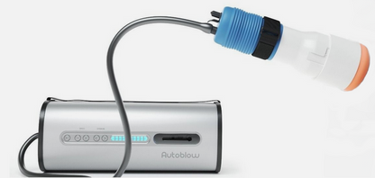 Portable electronic auto masturbator with hose attachment on a white background