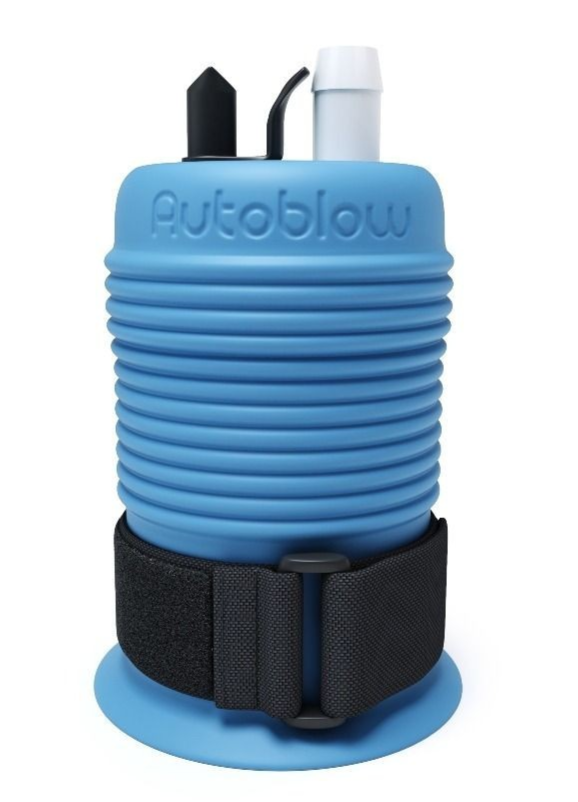 Blue autoblow device with black strap on a white background
