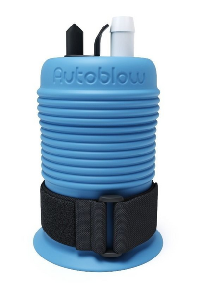 Blue autoblow device with black strap on a white background