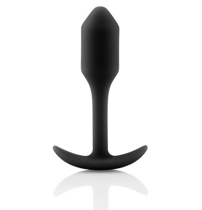 Black silicone butt plug on a white background