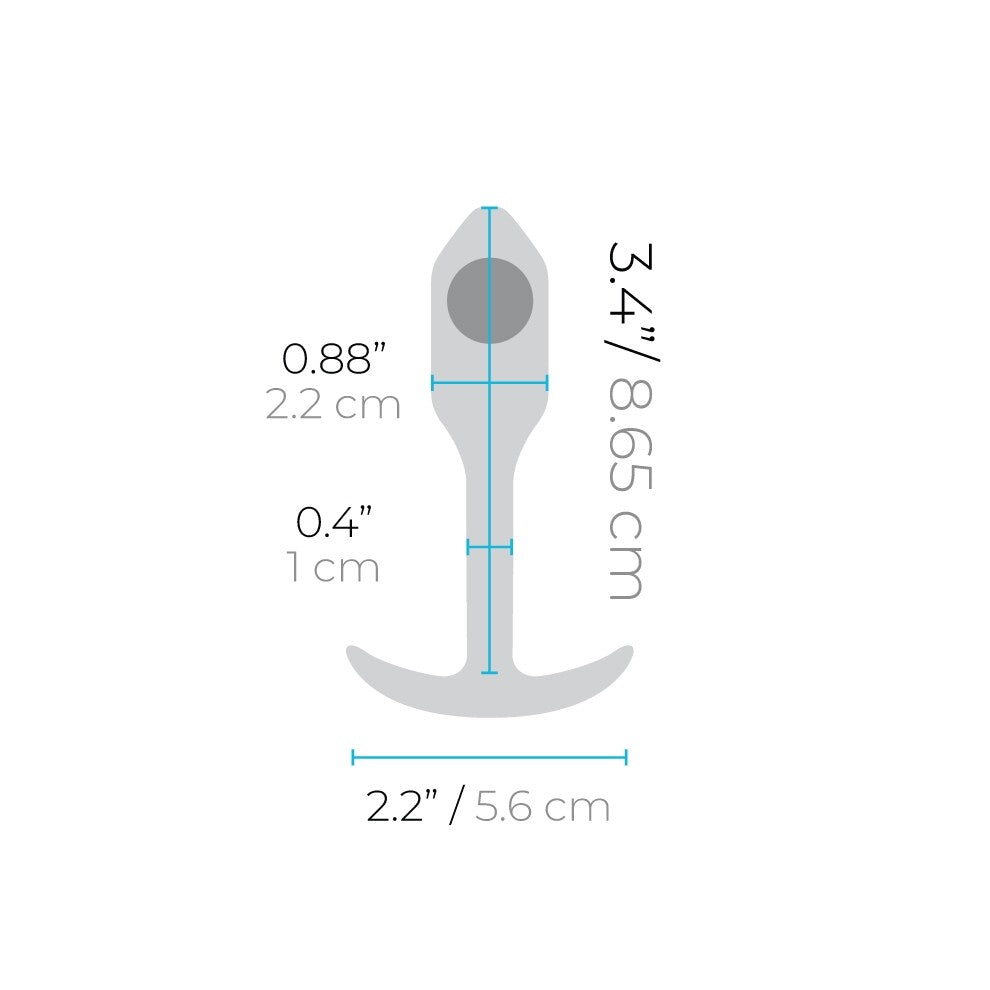 Measurement chart of a gray anchor-shaped anal plug with dimensions labeled.