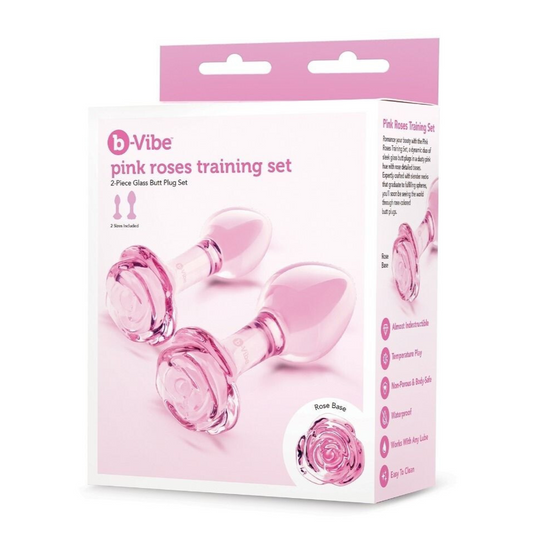 Package of b-Vibe pink roses  anal plug training set on a white background