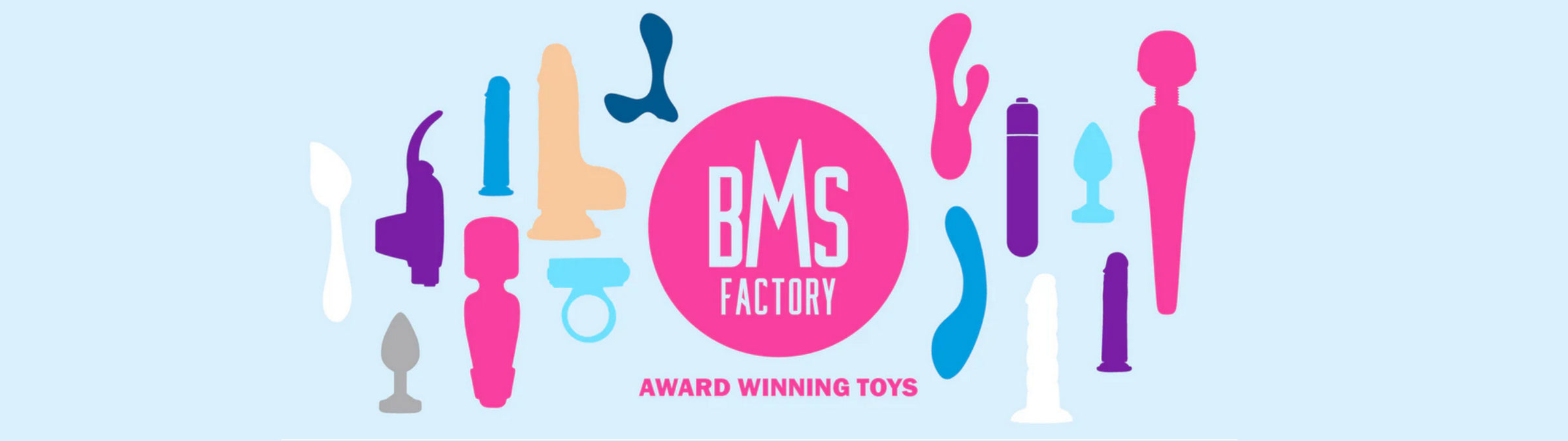 BMS Factory logo with colorful sex toy illustrations on a light blue background