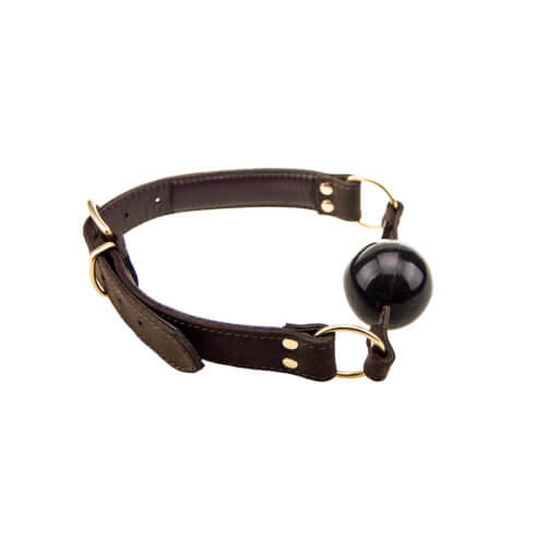 Brown leather collar with a black ball on a white background
