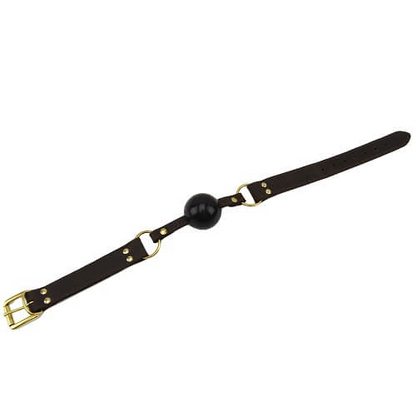 Black leather belt with gold hardware on a white background