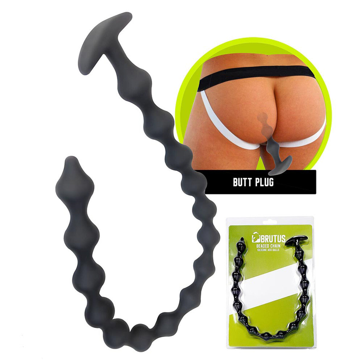Black wavy butt plug with packaging and close-up inset on a white background