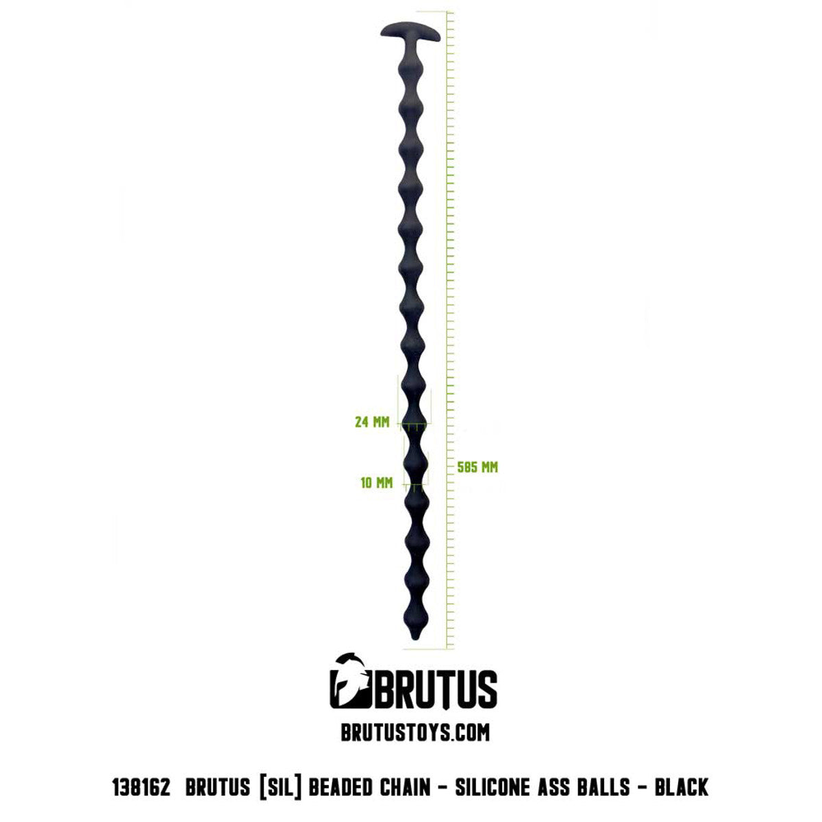 Black beaded chain with measurement scale on a white background, branded as Brutus Toys.