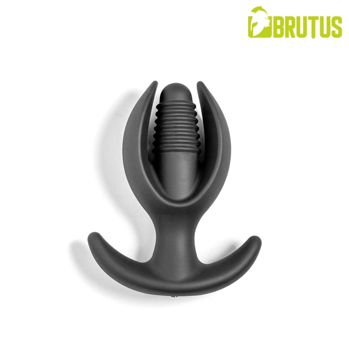 A matte black silicone anal plug with a curved base and a central ribbed shaft, shown on a clean white background with a green and yellow BRUTUS logo in the top right corner.