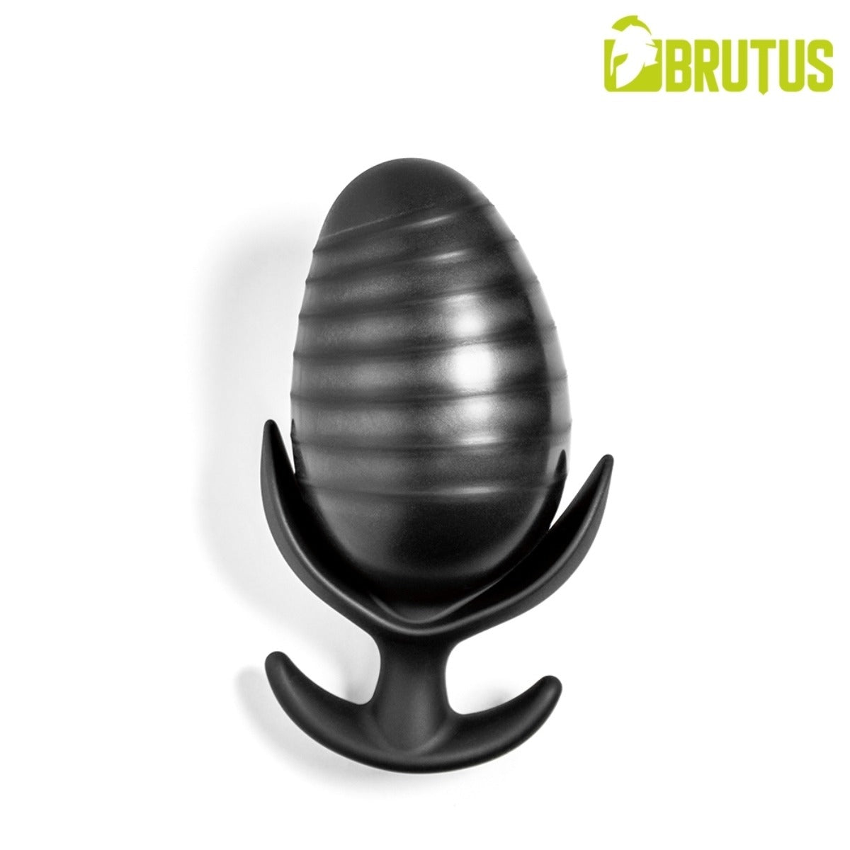A black ribbed silicone inflated anal plug,  shown against a plain white background with a green and yellow BRUTUS logo in the top right corner.
