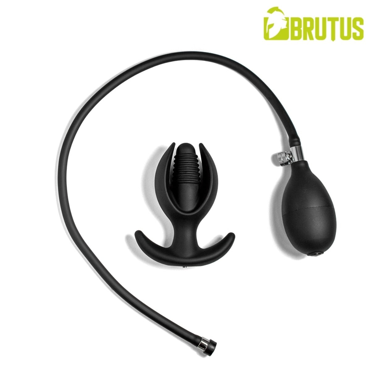 Black inflatable pump device with a curved hose and bulb, shown on a white background with the BRUTUS logo in the top right corner.