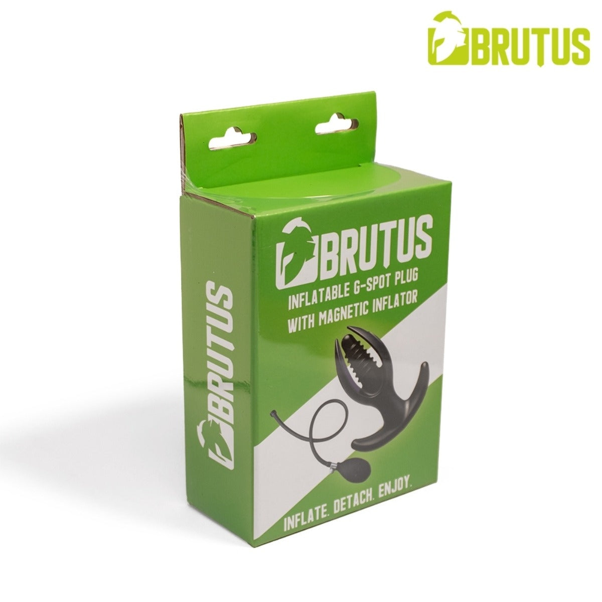 Green and white retail packaging box for a BRUTUS inflatable G-spot plug with magnetic inflator, shown on a clean white background with a BRUTUS logo in the top right corner.