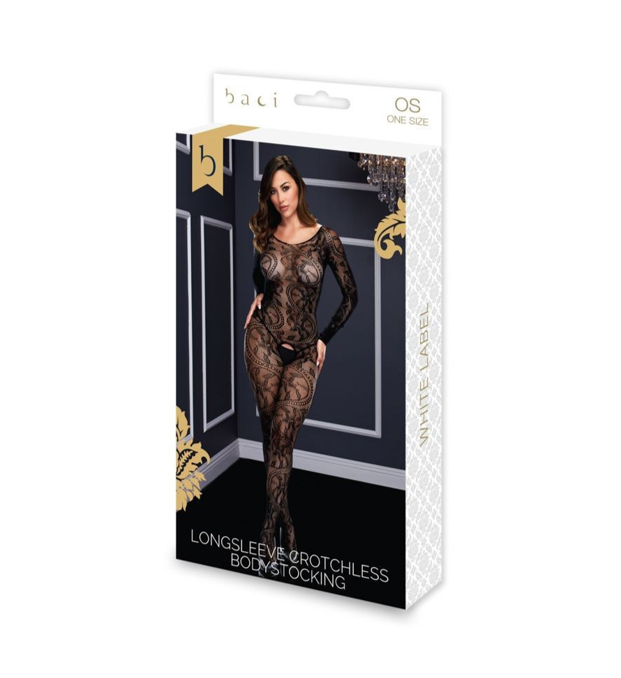 Package of longsleeve bodystocking with model on a white background