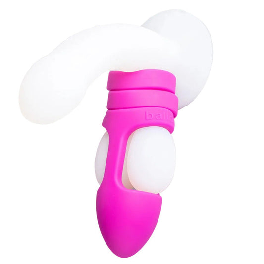 Balldo The Worlds First Ball Dildo Purple Silicone Testicle Sleeve Ring Extender on a white background