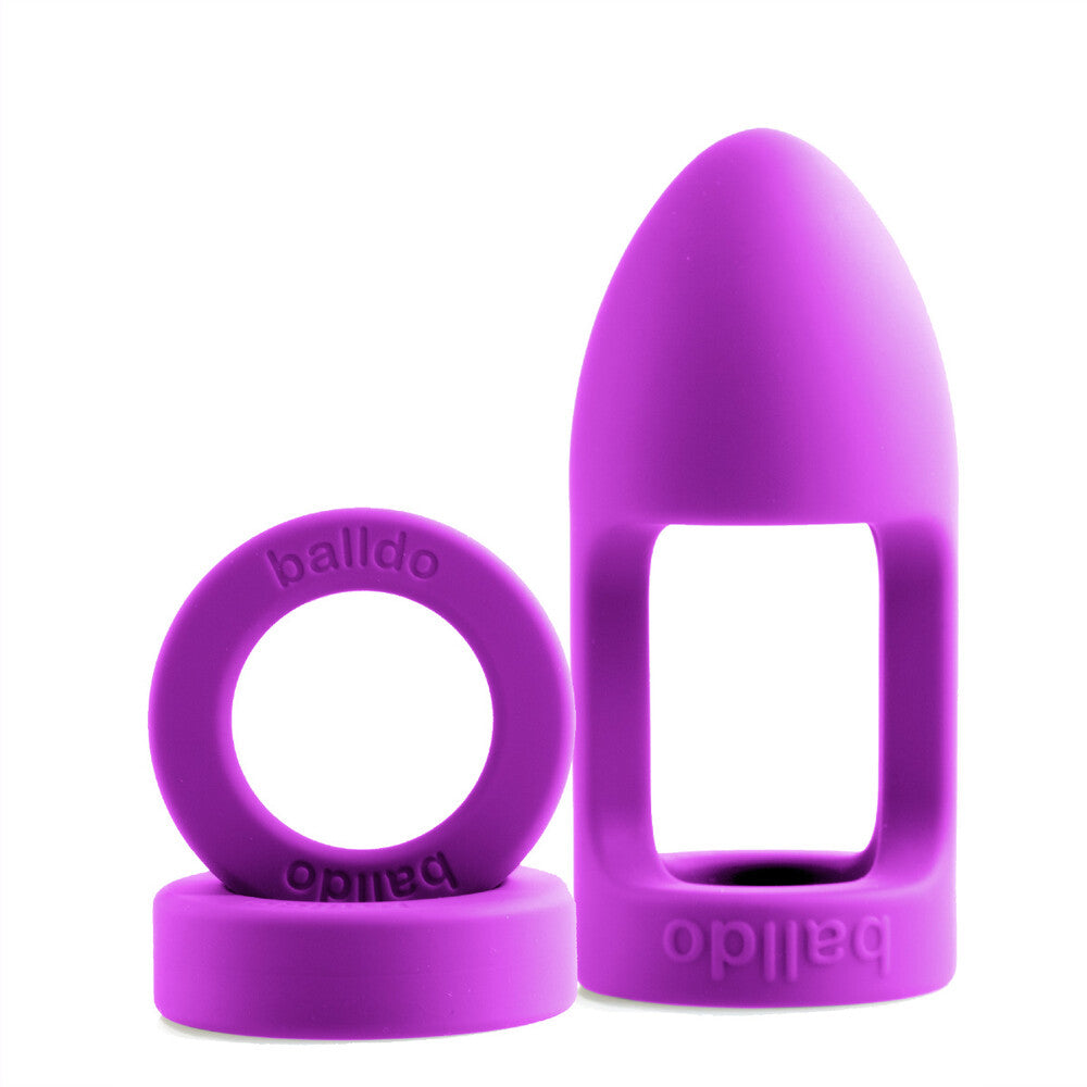 Balldo The Worlds First Ball Dildo Purple Silicone Testicle Sleeve Ring Extender on a white background