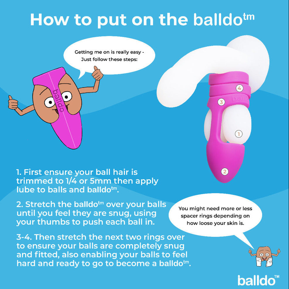 Balldo The Worlds First Ball Dildo Purple Silicone Testicle Sleeve Ring Extender on a bluebackground