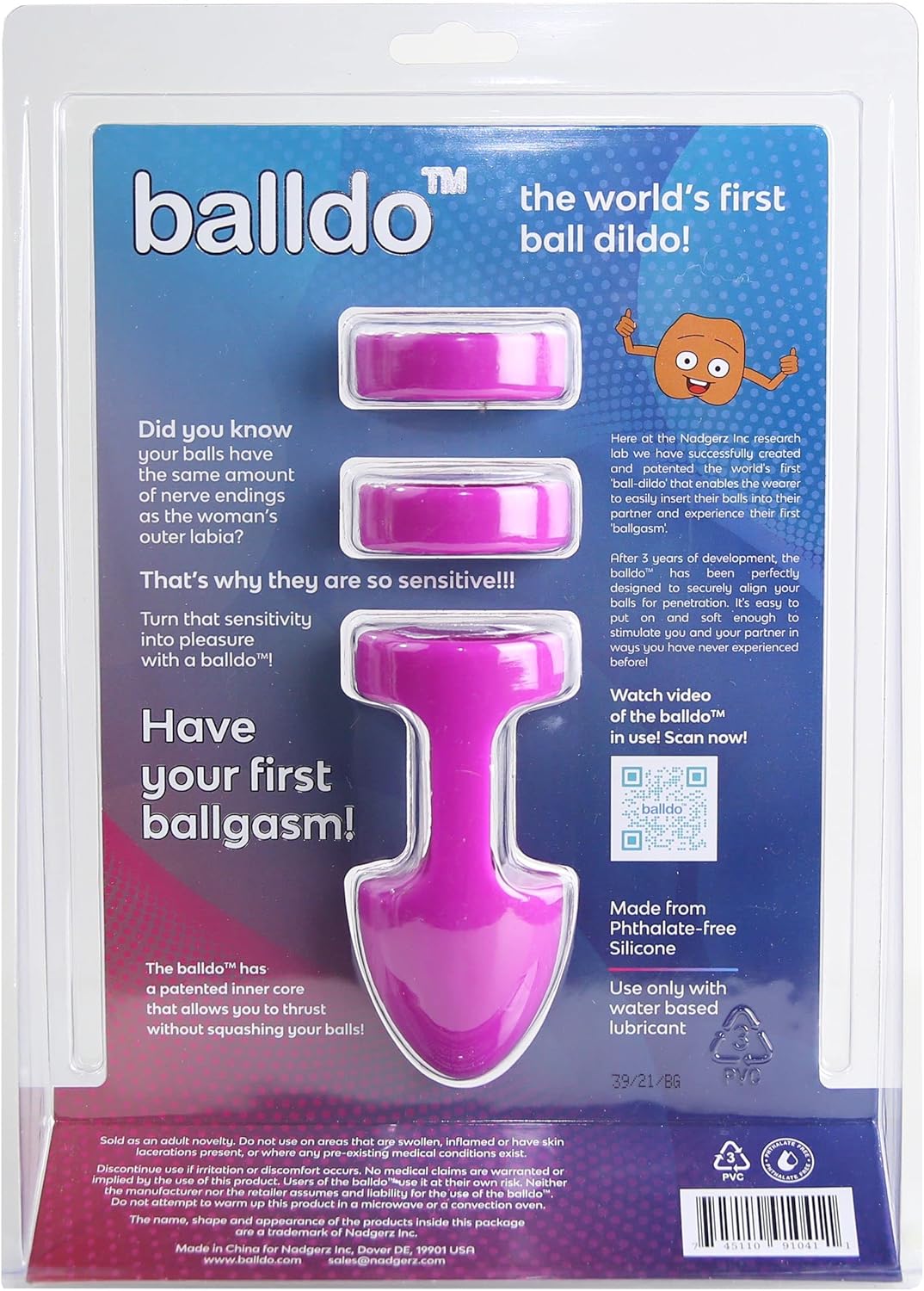 Balldo The Worlds First Ball Dildo Purple Silicone Testicle Sleeve Ring Extender packaging on a white background