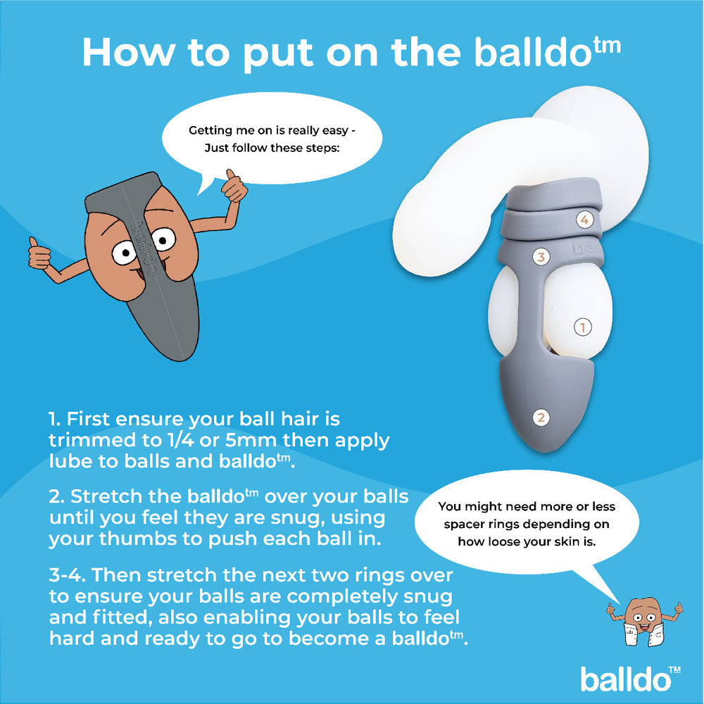 Balldo The Worlds First Ball Dildo Steel Grey Silicone Testicle Sleeve Ring Extender on a blue background