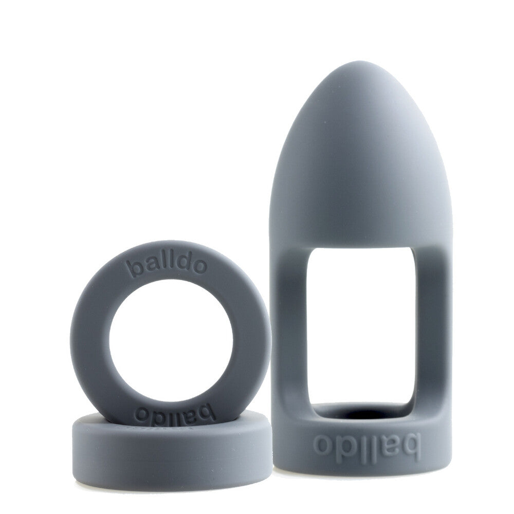 Balldo The Worlds First Ball Dildo Steel Grey Silicone Testicle Sleeve Ring Extender on a white background
