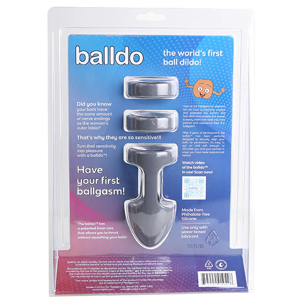 Balldo The Worlds First Ball Dildo Steel Grey Silicone Testicle Sleeve Ring Extender packaging on a white background
