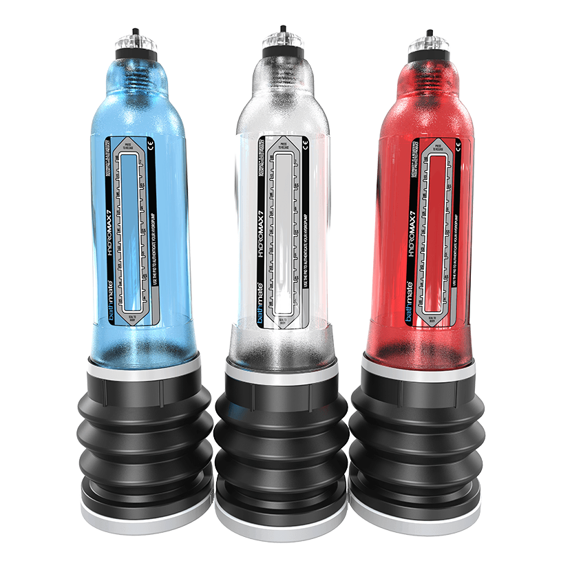 Three water penis pumps in blue, silver, and red on a white background