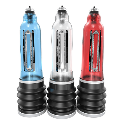 Three water penis pumps in blue, silver, and red on a white background