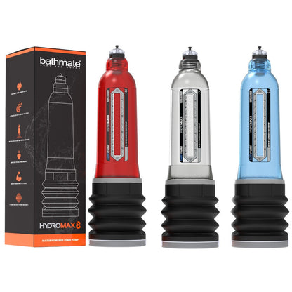 Bathmate HydroMax8 product packaging with red, silver, and blue versions on a white background.