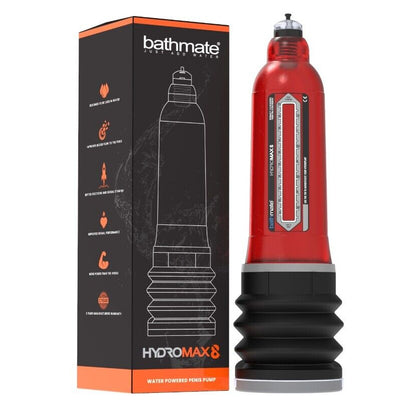 Red and black device with packaging labeled 'Bathmate Hydromax 8' on a white background