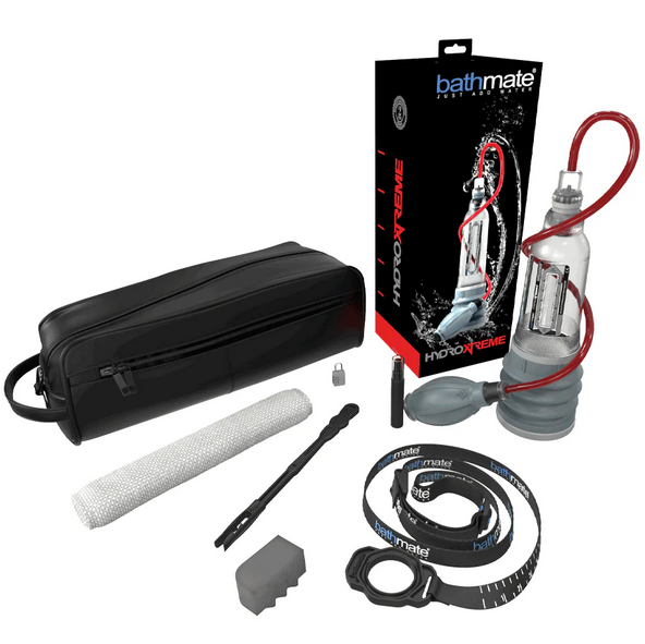 Bathmate hydroXtreme product set with black carrying case, packaging, and accessories on a white background