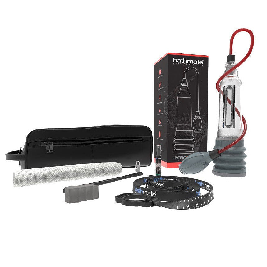 Bathmate product set including pump, hose, and packaging on a white background