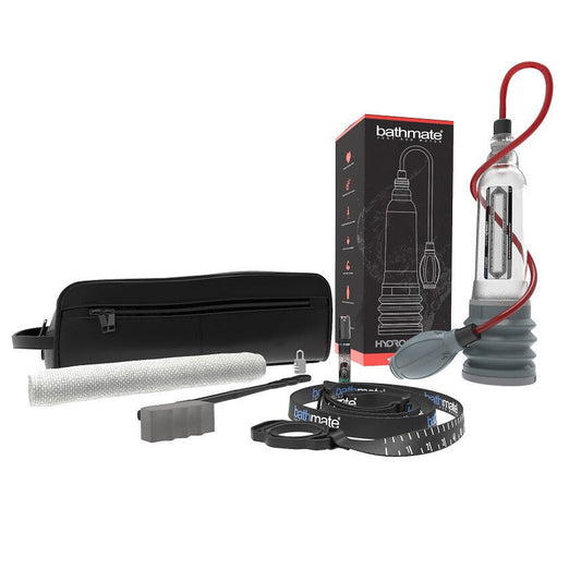 Bathmate product set including pump, hose, and packaging on a white background