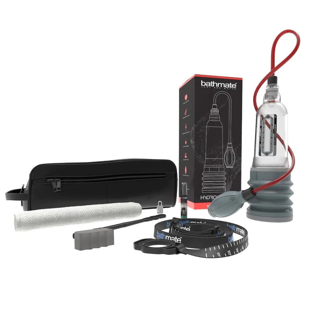 Bathmate product set with pump, hose, and packaging on a white background