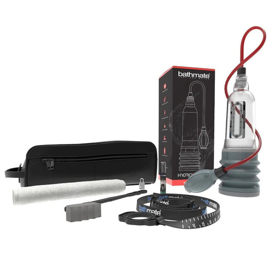 Bathmate product set with pump, hose, and packaging on a white background