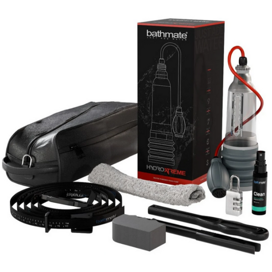 Bathmate product set with packaging, pump, and accessories on a white background