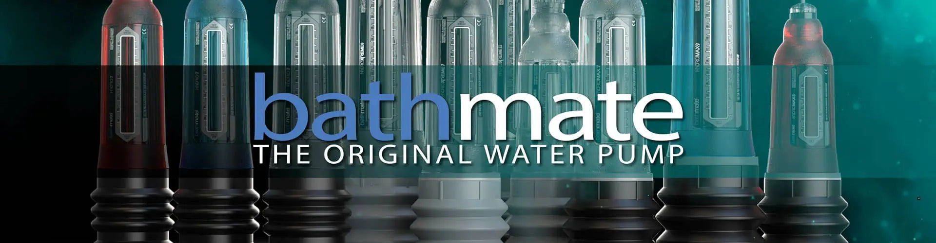 Bathmate water pump with brand name and description on a gradient background