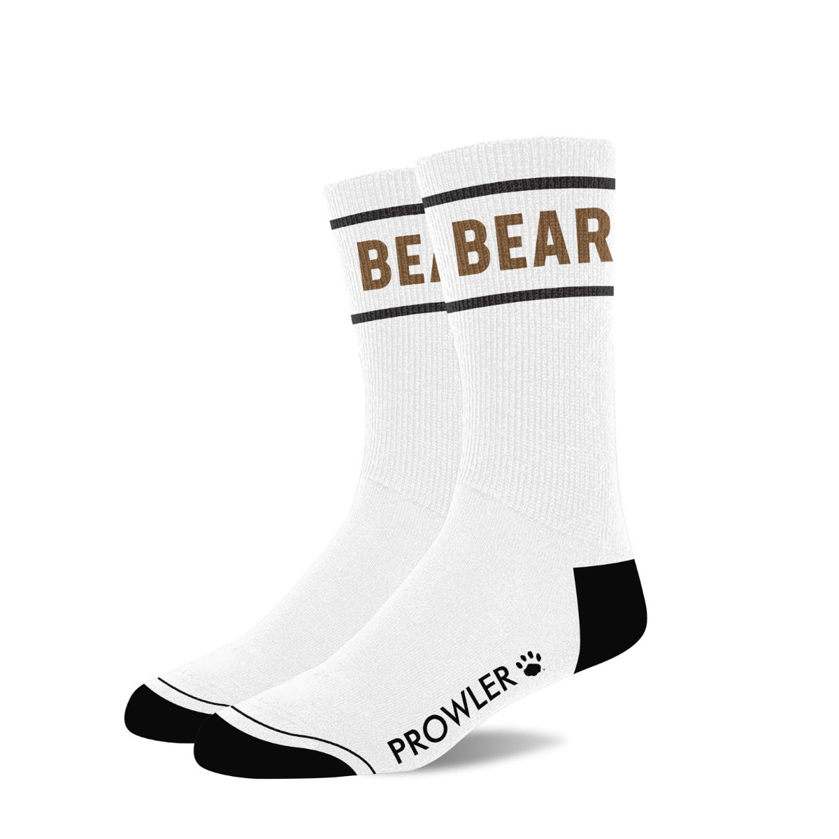 White socks with 'BEAR' and 'Prowler' text on a white background