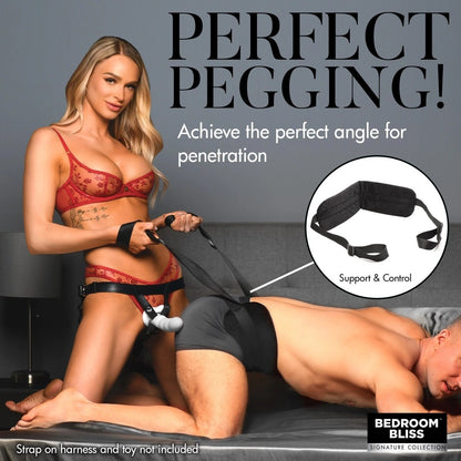 Advertisement for a position product with a woman and man on a bed, promoting 'Perfect Pegging'.