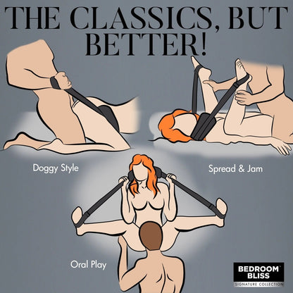 Illustrations of sexual positions with text 'The Classics, But Better!' and 'Bedroom Bliss' branding.